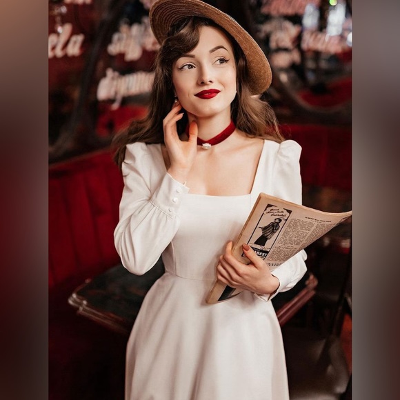 White Dress Square Neck Midi Dress Vintage Inspired Wedding Party Dress - Picture 3 of 14